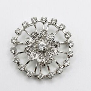 Vintage Circular Brooch with Central Filigree Flower and Rhinestones